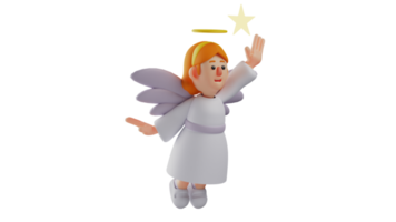 3d ilustração. bonita anjo 3d desenho animado personagem. amigáveis anjo dentro vôo pose. a lindo anjo acenou dela mão e acima dela estava uma brilhando estrela. 3d desenho animado personagem png
