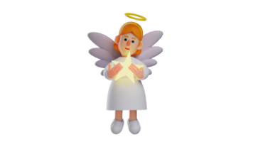 3d ilustración. tipo ángel 3d dibujos animados personaje. ángeles tener blanco alas y ven desde cielo. un encantador ángel que lleva un brillante estrella. 3d dibujos animados personaje png
