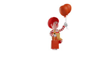 3D illustration. Happy clown 3D cartoon character. The clown carries an orange bag and two balloons. The clown brought lots of souvenirs from the birthday party he was invited to. 3D cartoon character png