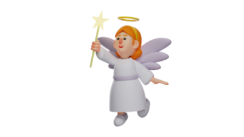 3D illustration. Beautiful Fairy 3D Cartoon Character. The fairy brings her magic wand. Beautiful fairy in flying pose and brandishing her shining wand. 3D cartoon character png