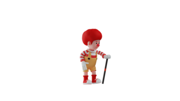 3D illustration. Tired clown 3D cartoon character. The clown feels tired after entertaining many people. The clown was standing propped up on the magic wand he was carrying. 3D cartoon character png