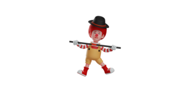 3D illustration. Cool clown 3D cartoon character. The clown brought his magic equipment. Clown wearing a hat and holding a magic wand. The clown showed his cute smile. 3D cartoon character png