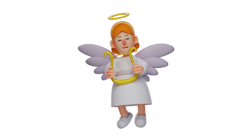 3d ilustración. pequeño ángel 3d dibujos animados personaje. hermosa ángel participación un musical instrumento utilizando ambos manos. pequeño ángel sonriente felizmente. 3d dibujos animados personaje png