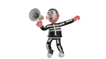 3D illustration. Happy Skeleton 3D cartoon character. The cheerful Skeleton was making an announcement using a megaphone. Skeleton looked really excited. 3D cartoon character png