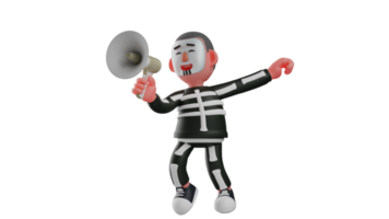 3d ilustração. feliz esqueleto 3d desenho animado personagem. a alegre esqueleto estava fazer a anúncio usando uma megafone. esqueleto visto realmente excitado. 3d desenho animado personagem png