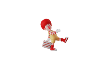 3d illustrazione. affascinante clown 3d cartone animato carattere. clown passaggi felicemente. clown con a piedi posa mentre mostrando il suo dolce Sorridi. clown trasporto un' rosso e bianca valigia. 3d cartone animato personaggio png