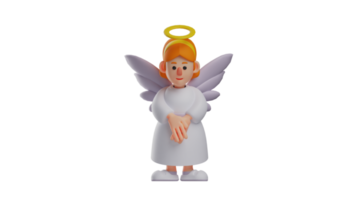 3d illustration. adorable ange 3d dessin animé personnage. le magnifique ange est tombée silencieux et abaissé sa diriger. le ange mettre le sien main dans de face de son. 3d dessin animé personnage png