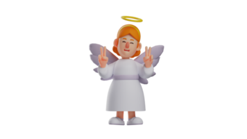 3d ilustración. alegre ángel 3d dibujos animados personaje. linda ángel demostración paz actitud con ambos manos. el ángel sonrió entonces adorable. 3d dibujos animados personaje png