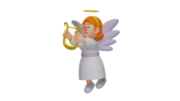 3d ilustração. adorável pequeno anjo 3d desenho animado personagem. lindo anjo dentro vôo pose. pequeno anjo vôo enquanto carregando uma musical instrumento. 3d desenho animado personagem png