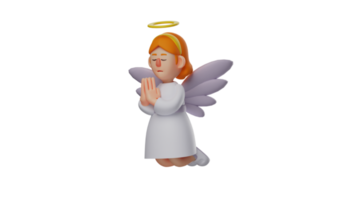 3d ilustración. dulce ángel 3d dibujos animados personaje. el ángel ahuecado su manos y cerrado su ojos. un hermosa ángel es Orando fervorosamente. 3d dibujos animados personaje png