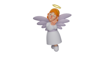 3D illustration. Adorable Fairy 3D Cartoon Character. Little elf with cute pose. The fairy closed her eyes and put her hand on her chin. The fairy smiled very sweetly. 3D cartoon character png