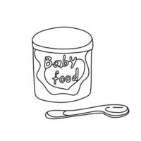 Can with infant formula or baby milk in doodle style. Measuring spoon. Hand drawn vector illustration in black ink on white background.