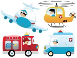 Vector set of rescue vehicle cartoon with the drivers