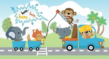 Vector illustration of funny animals cartoon vacation with tow truck on nature background