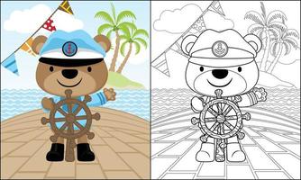 Vector cartoon of cute bear sailor holding steering wheel in a ship on sea background, coloring book or page