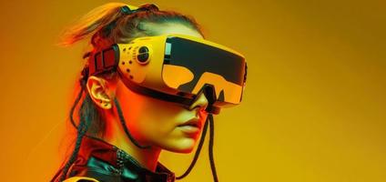 Side view of a young people put on VR glasses isolated over yellow background. photo