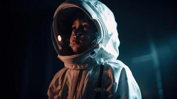 Little kid wearing spacesuit. Cosmonaut concept. . photo
