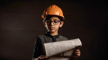 Cute engineer architect kid. Future career concept. . photo