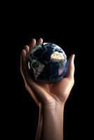 Hand holding the Earth planet. Earth day concept . . photo