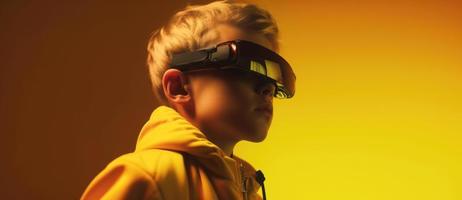 Side view of a young people put on VR glasses isolated over yellow background. photo