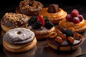 Luxurious designer pastries with berries in chocolate. Professional confectionery with strawberries, blackberries, tangerines. photo