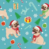 seamless happy pug dog christmas pattern vector