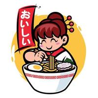 Japón niña mascota comer ramen con Japón palabra media delicioso vector
