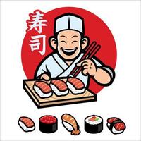 sushi chef mascot with kanji word mean sushi vector
