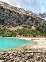 alerce arboles en el nieve tapado montañas a lago Louise foto