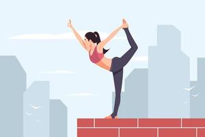 mujer practicas yoga en parte superior de edificio. niña ejecutando aeróbicos ejercicio y Mañana meditación a hogar. joven y contento mujer medita vector