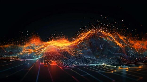 red línea de conectando corriente con ola de partículas representando información tecnología. ai generativo. foto