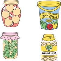 Vector set of pickled vegetables in jars. Cucumber, tomato, pepper, eggplant, onion.