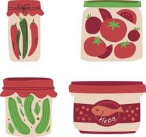 Canned vegetables in jars. Vector illustration in flat cartoon style.