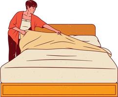 Man sleeping on big bed. Male character in pajamas. Vector illustration