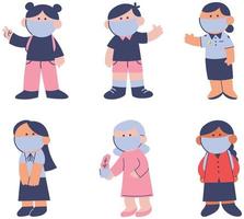 Set of children carton in medical masks. Vector illustration in a flat style