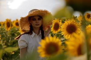 mujer con dos coletas en un campo con floreciente girasoles verano hora foto