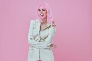 Portrait of a charming lady in White blazer pink hair Glamor Cosmetics color background unaltered photo