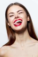 Brunette spa treatments Red lips emotions clear skin smile photo