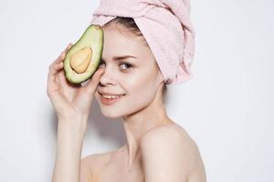 Pretty woman nude hot skin care avocado spa treatments light background photo