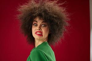 Beauty Fashion woman grimace afro hairstyle red lips fashion color background unaltered photo