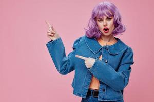 Beauty Fashion woman in denim jacket purple hair glamor makeup color background unaltered photo