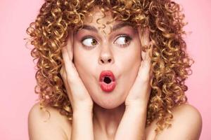 Female portrait Surprise model wide open mouth emotions charm model background photo