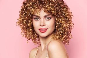 Lady Curly hair red lips attractive look model charm photo