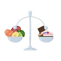 Balancing scale with the healthy food on the on side and unhealthy food on the other side. Balancing scale with food on the white background. vector