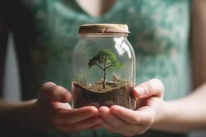 Woman holding an actual jar with a tree plant inside. Earth day concept. photo