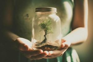 Woman holding an actual jar with a tree plant inside. Earth day concept. photo