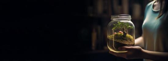 Woman holding an actual jar with a tree plant inside. Earth day concept. photo