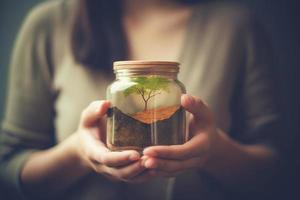 Woman holding an actual jar with a tree plant inside. Earth day concept. photo