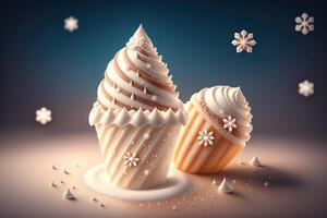 Chocolate vanilla ice cream cone ads with ice cubes and snowflakes by photo