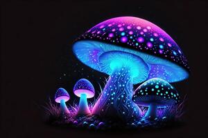 Glowing magic mushroom on black background by photo